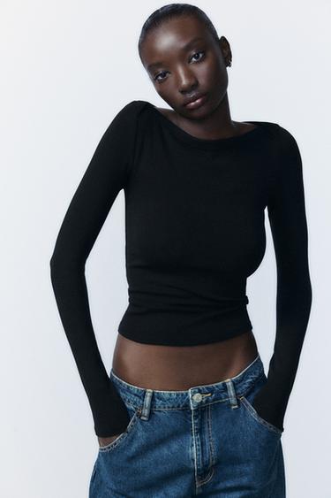 RIBBED BOAT NECK T-SHIRT - Black by Zara