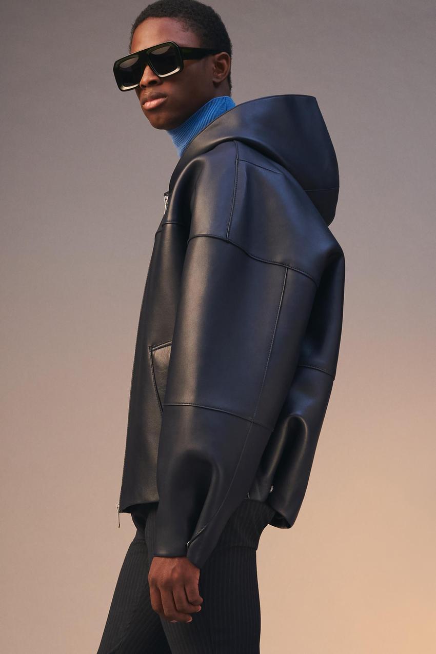 LIMITED EDITION LEATHER HOODED JACKET - Midnight blue | ZARA India