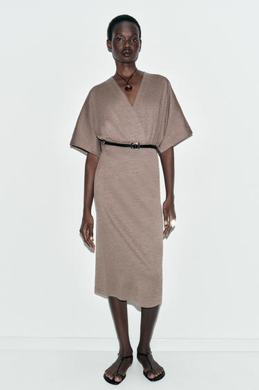 PIQUÉ MIDI DRESS WITH BELT - Light brown by Zara