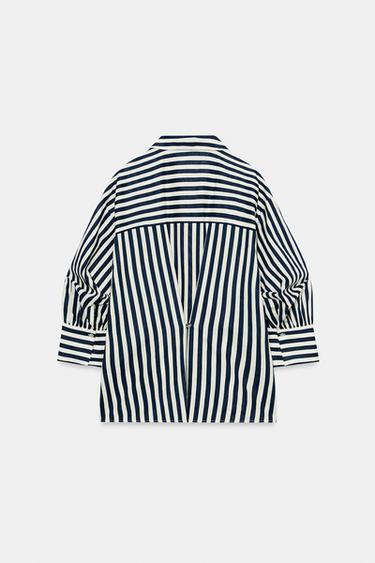 CHEMISE À RAYURES AVEC LIN ET MANCHES BOUFFANTES - Bleu / Blanc de Zara - Image 7