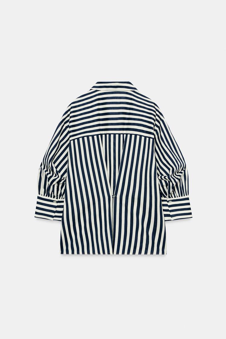 Camisa de manga abullonada a rayas de mezcla de lino 8