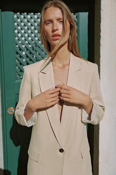 VESTE AVEC LIN À MANCHES RETROUSSÉES - Beige clair de Zara - Image 2