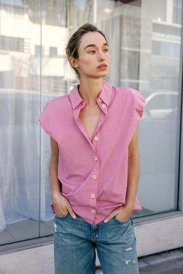 CAMISA MANGA ABULLONADA - Rosa / Blanco de Zara