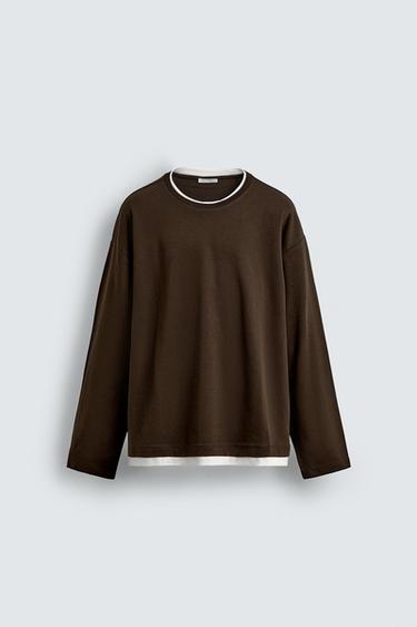 T-SHIRT À FINITIONS DOUBLES EN CONTRASTE - Marron de Zara