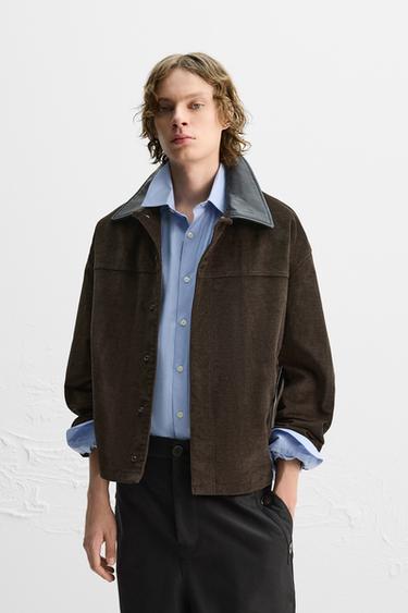 LEATHER CONTRAST COLLAR JACKET - Brown by Zara