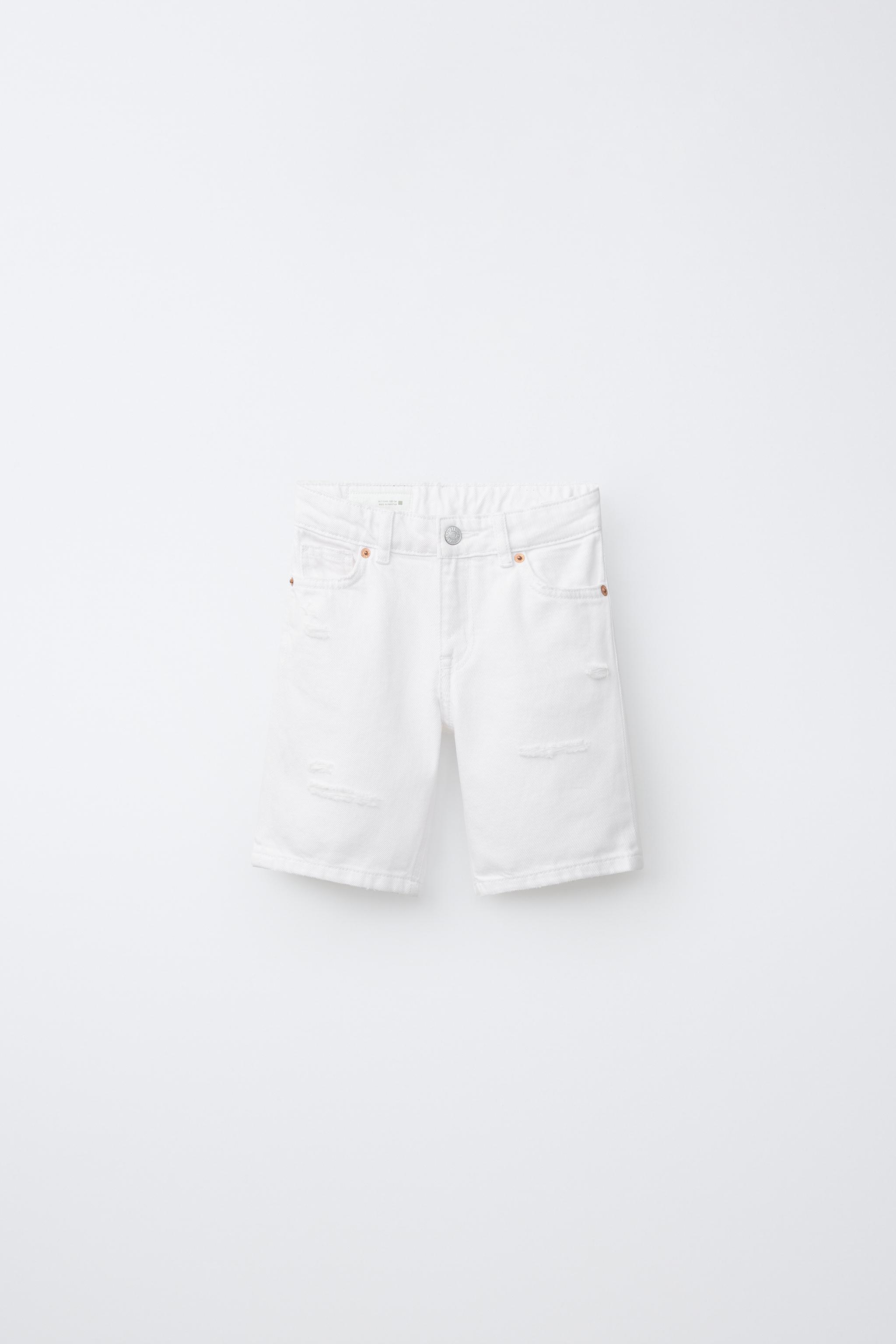 RIPPED STRAIGHT DENIM SHORTS — White (alternate view)