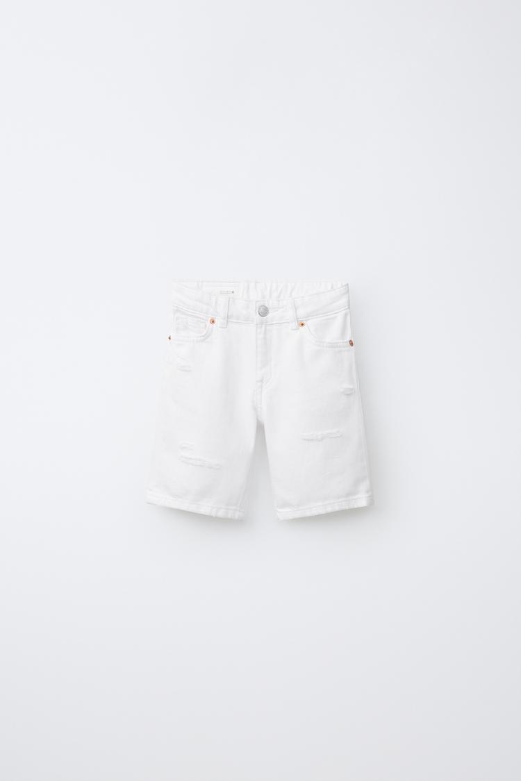 RIPPED STRAIGHT DENIM SHORTS — White