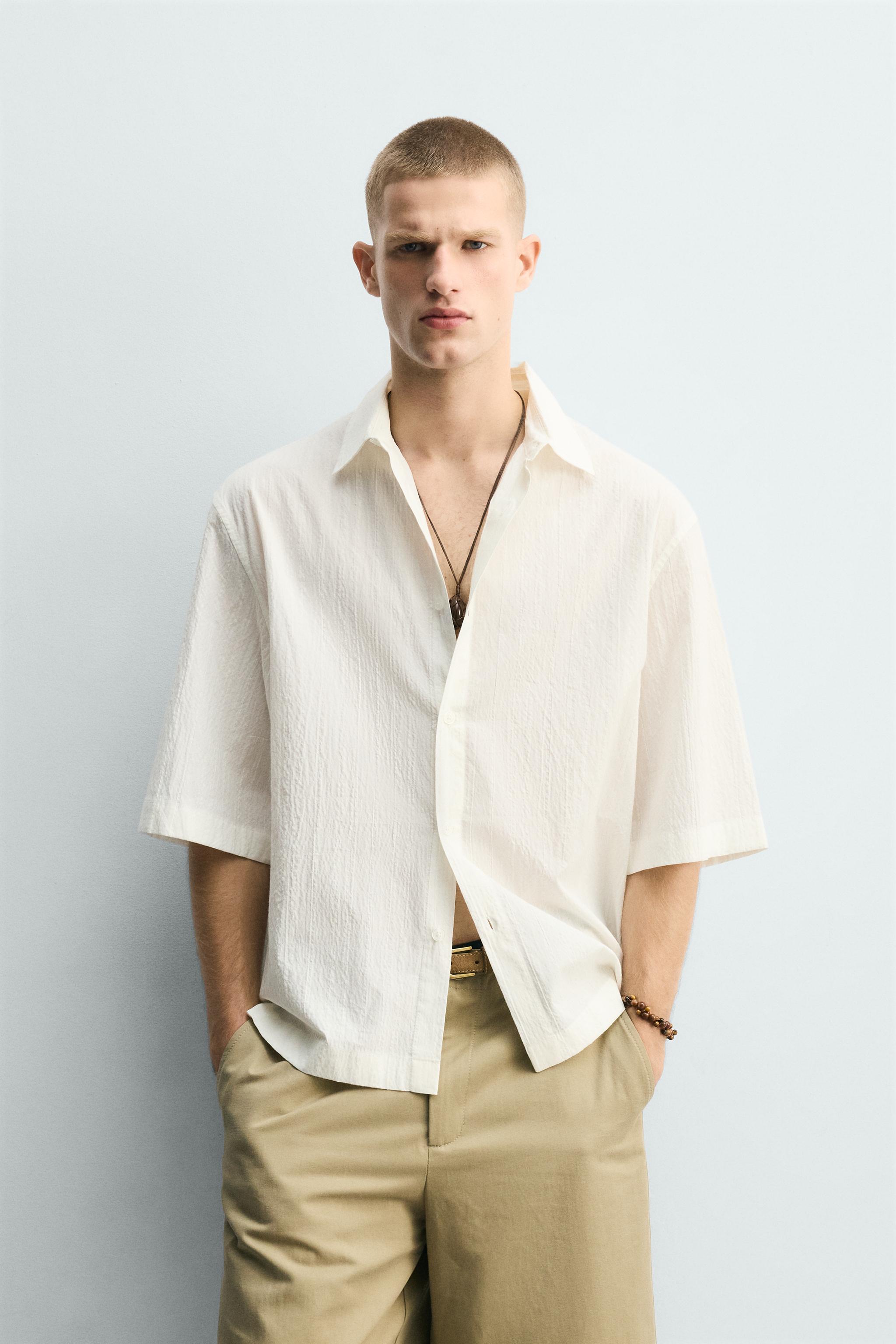 BOXY FIT TEXTURED SHIRT — Oyster-white