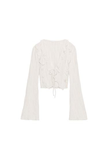 RUFFLED TIE-FRONT CROP TOP - Oyster-white by Zara