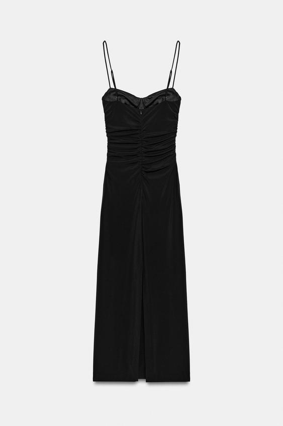 zara ruched dress black ZARA NWT WOMAN SS25 $79 COMBINED DRAPED MIDI DRESS BLACK | 3067/261 SIZE S