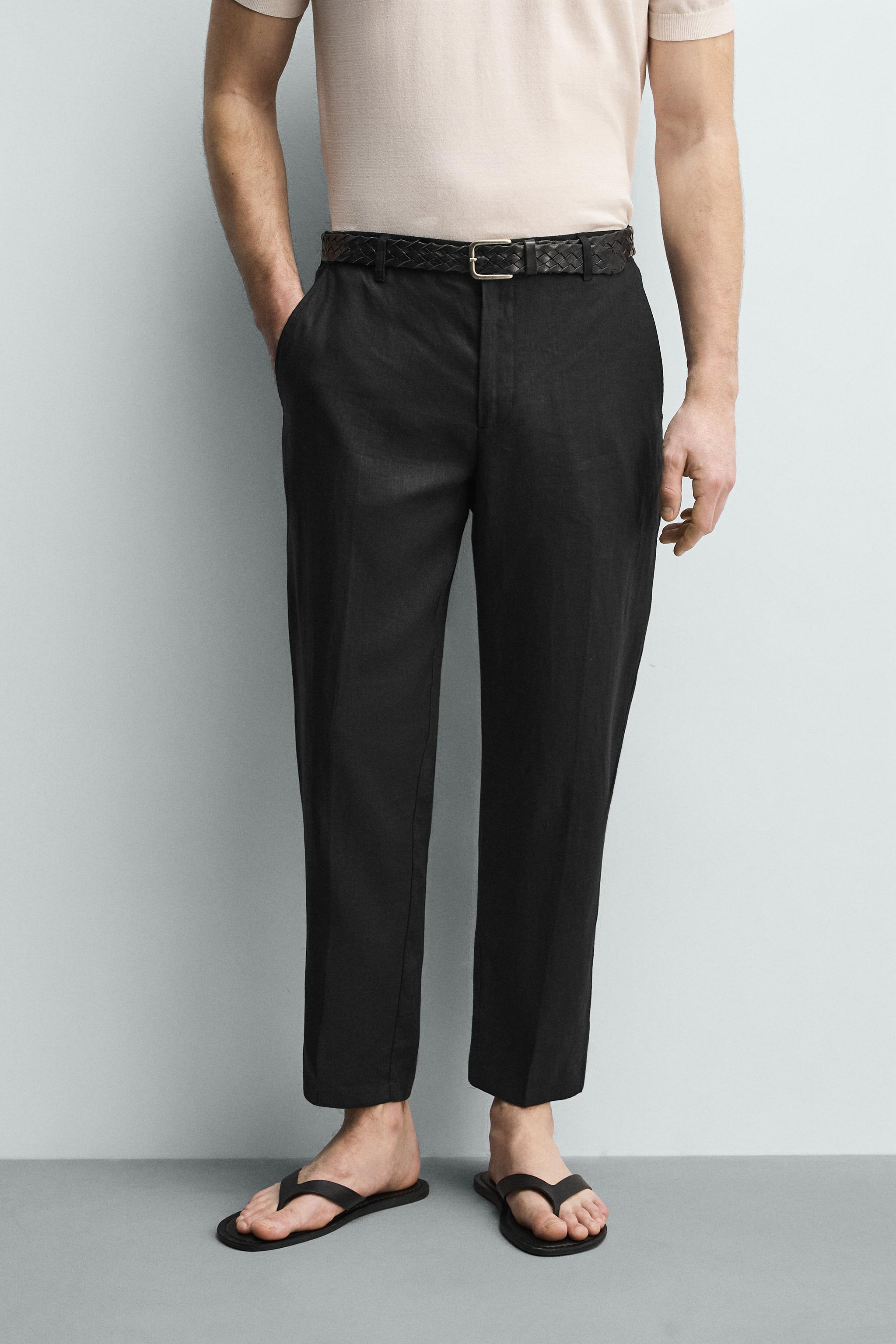 100% LINEN REGULAR FIT PANTS — Black