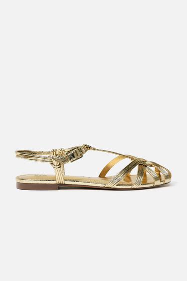 Zara METALLIC STRAP FISHERMAN SANDALS - Gold