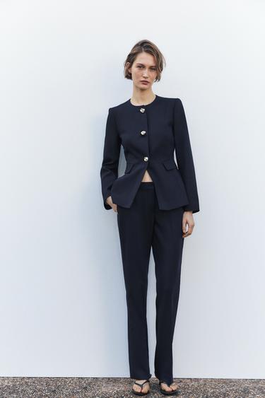 Zara STRAIGHT MID-RISE PANTS - Navy blue - Image 0