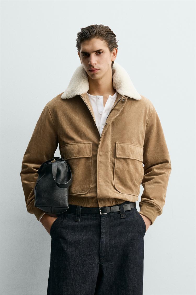 ZARA LEATHER AND SUEDE JACKET WITH FAUX SHEARLING