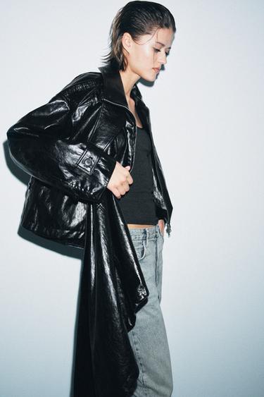 Zara FAUX LEATHER JACKET WITH SCARF ZW COLLECTION - Black