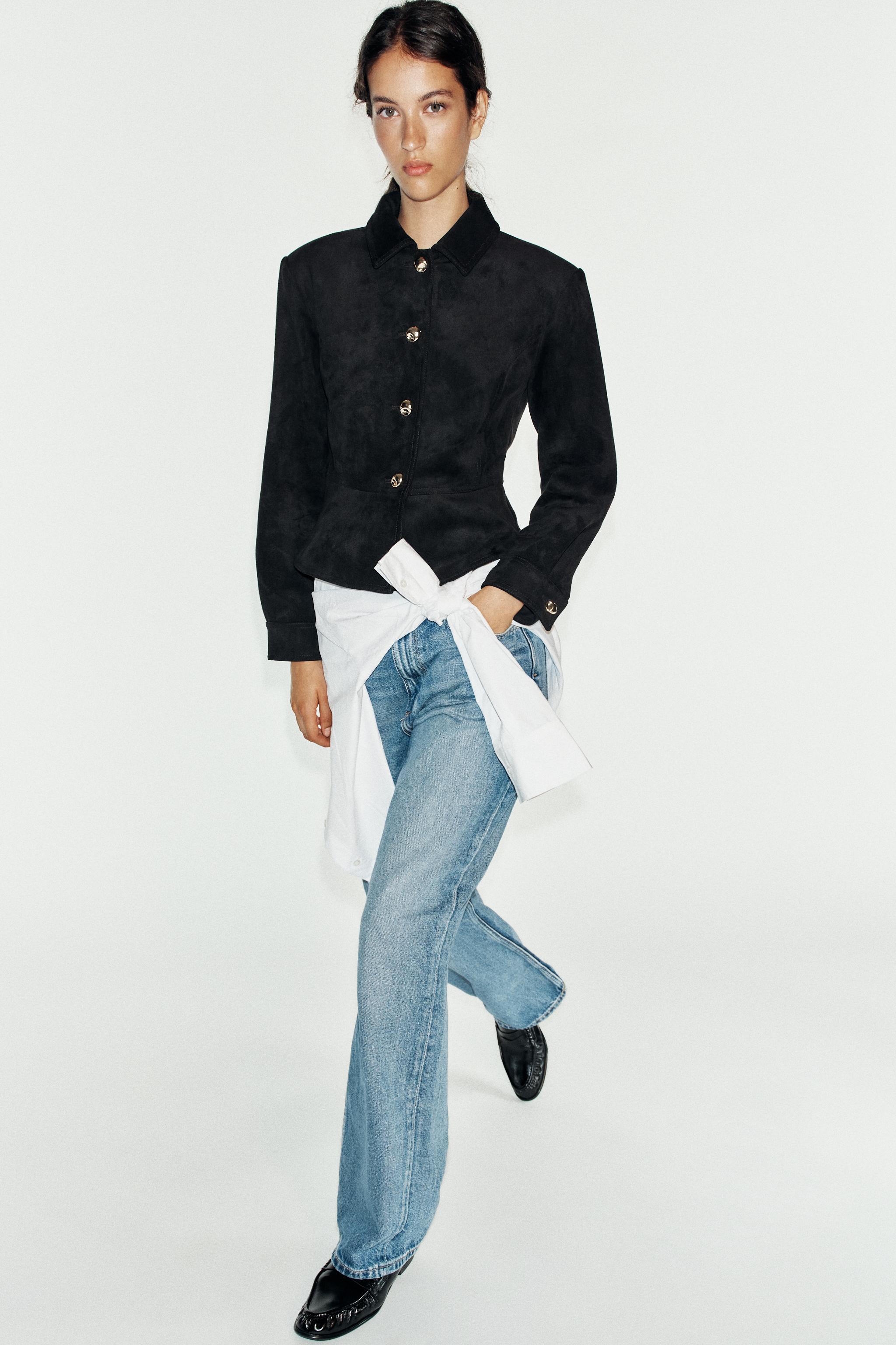 FAUX SUEDE JACKET WITH SHOULDER PADS — Black
