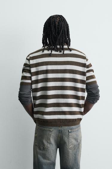 STRIPED JACQUARD KNIT POLO SHIRT - Brown by Zara