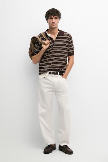 Zara 100% Cotton Striped Knit Polo Sweater - Burgundy