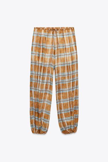 PANTALON BOUFFANT À CARREAUX EN RAMIE ZW COLLECTION - Orange de Zara - Image 1