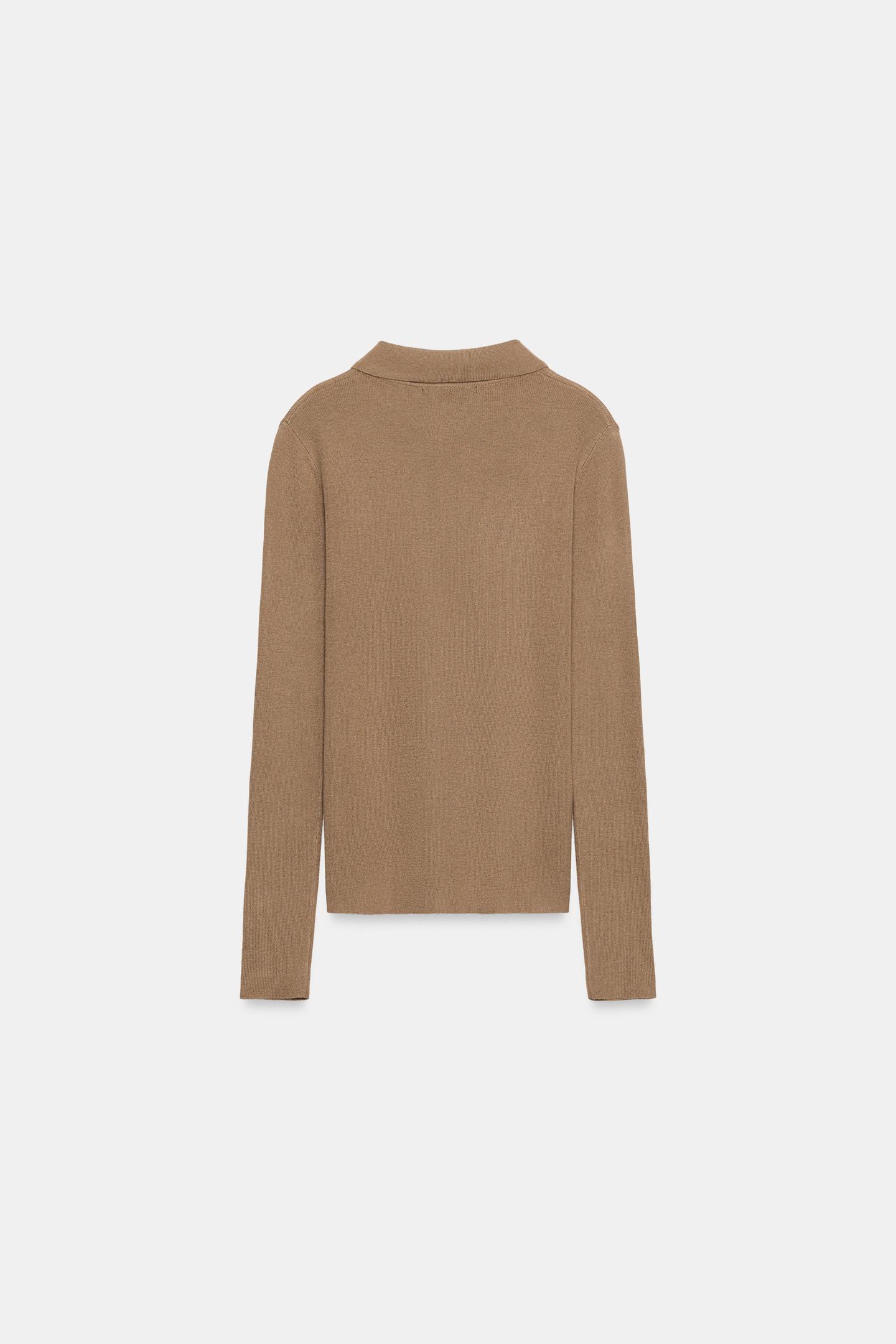 Женское поло Zara Zip-Up Knit Polo, цвет: Верблюжий — фото 7
