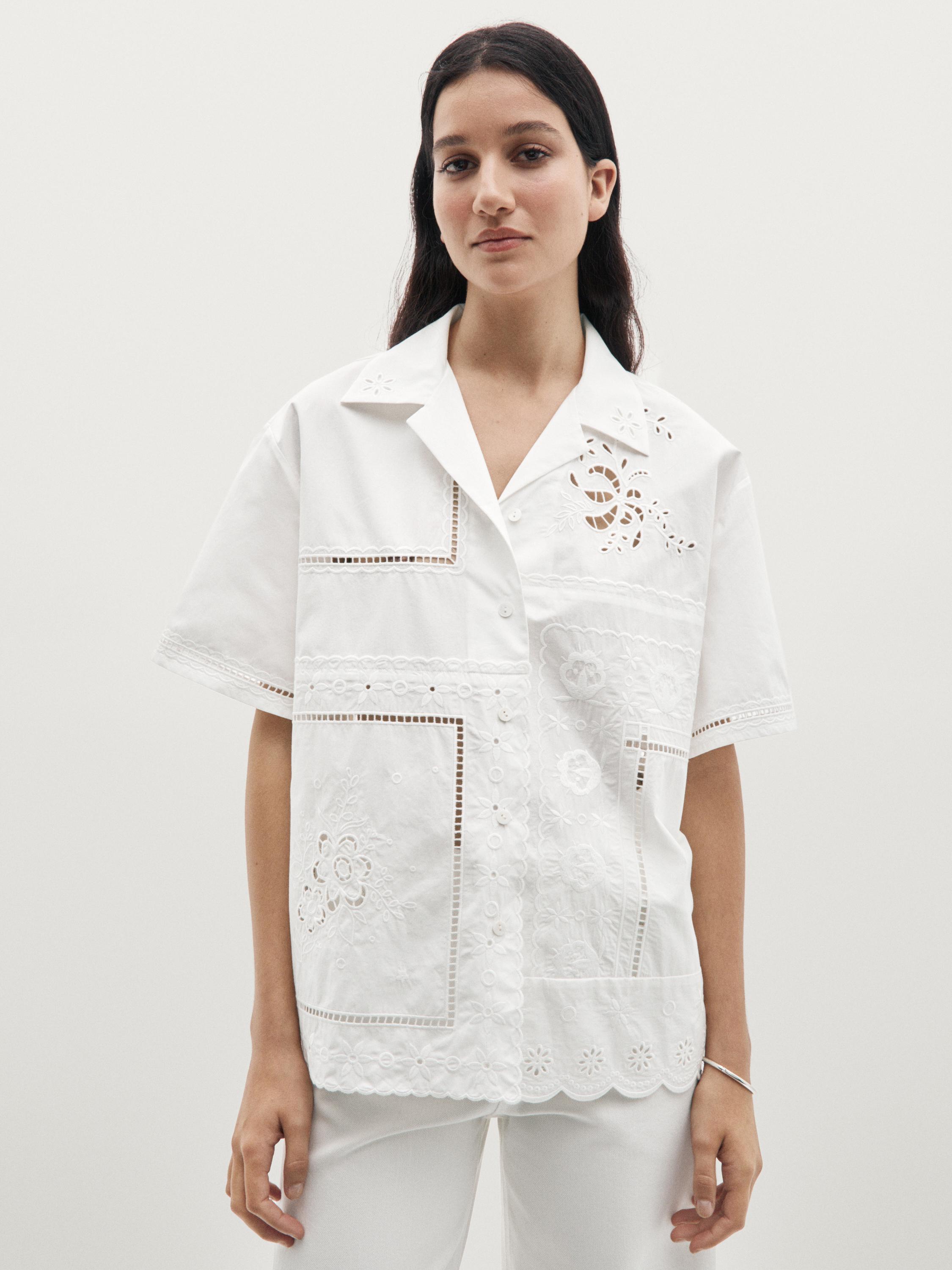 Embroidered short sleeve patchwork shirt