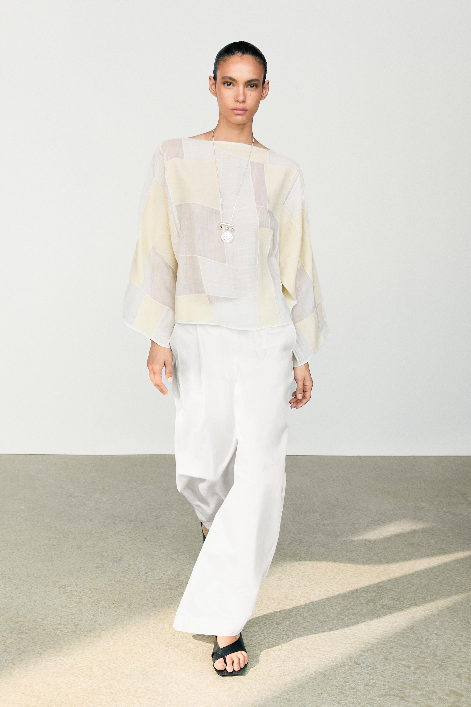 Patchwork print boat neck blouse — Oyster-white
