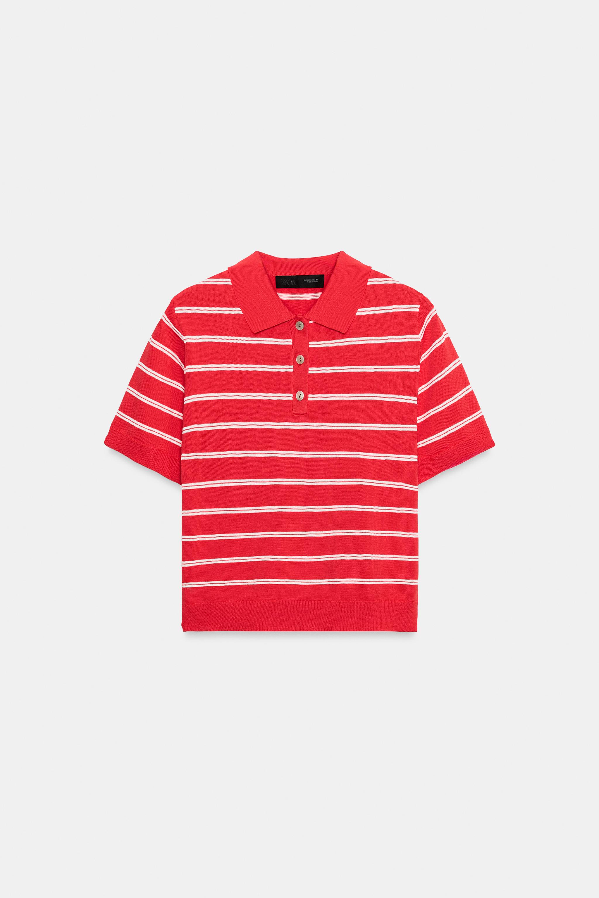 Zara ÇİZGİLİ KISA KOLLU TRİKO POLO T-SHIRT görsel 5