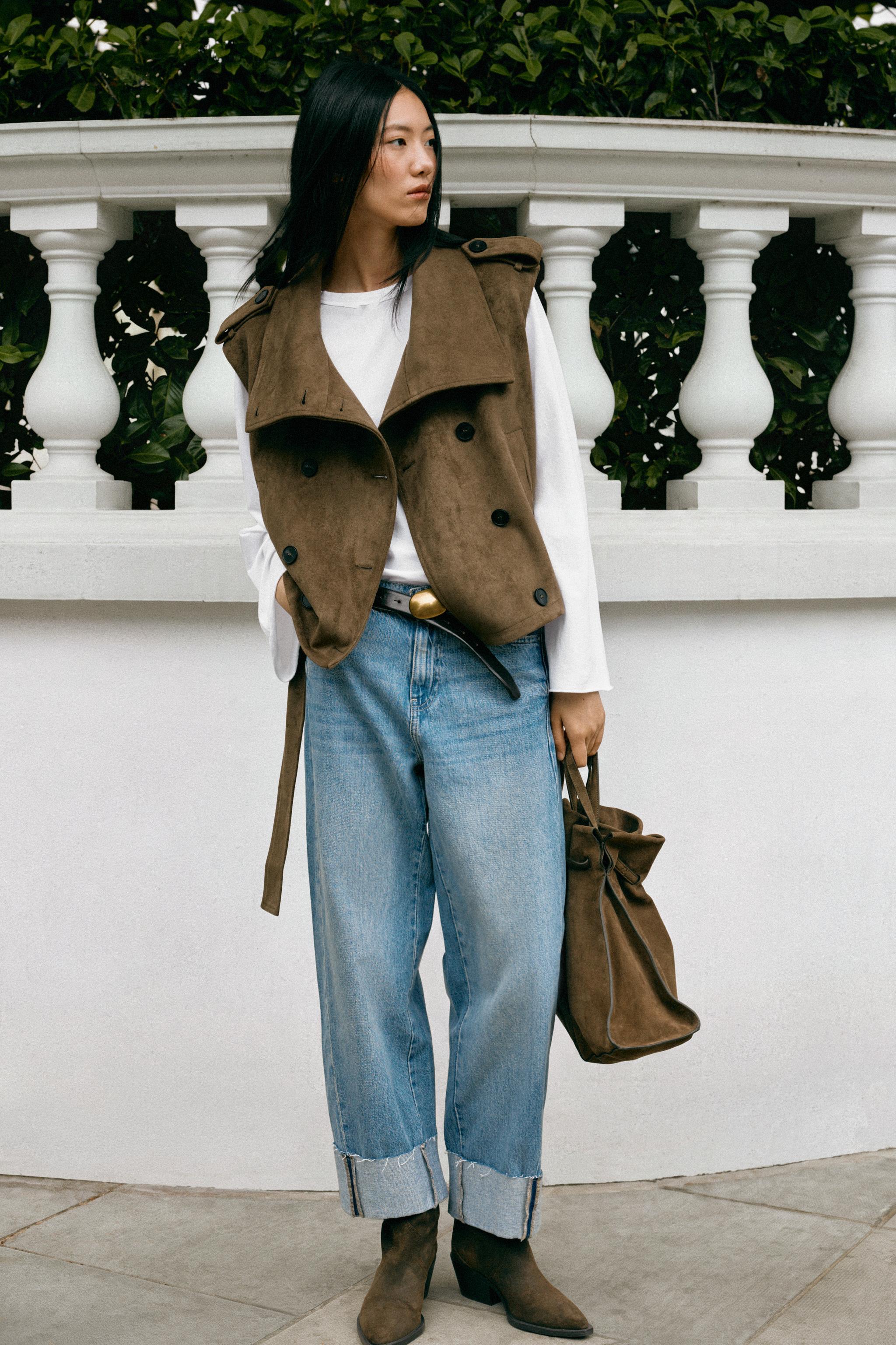 FAUX SUEDE BELTED VEST — Khaki