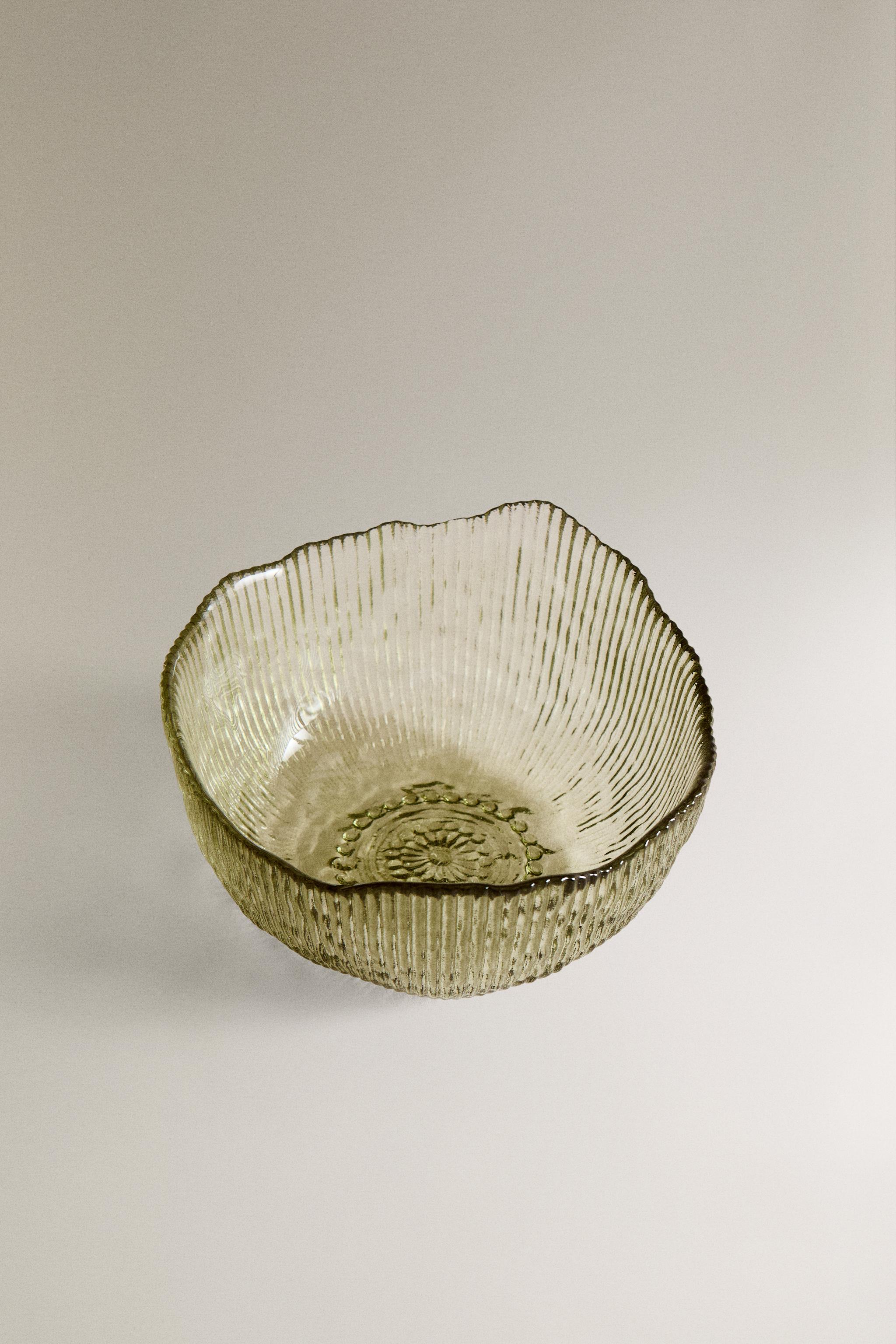 GLASS BOWL WITH RAISED DESIGN — Green