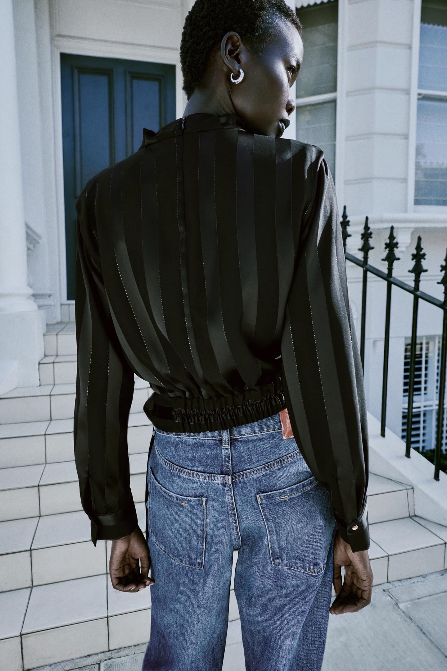 Женская блузка Zara Striped Metallic Yarn Belted, цвет: Чёрный — фото 7