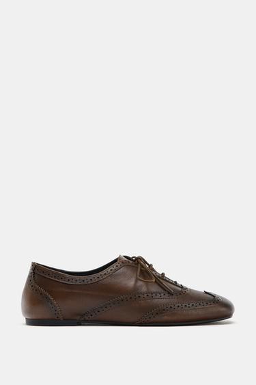 Zara LEATHER WINGTIP DERBY SHOES - Dark tan - Image 0