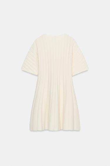 Zara SHORT RIB KNIT BALLOON SLEEVE DRESS - Ecru