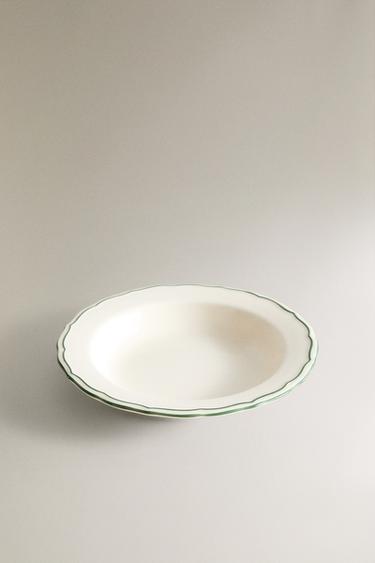 EARTHENWARE SOUP PLATE WITH CONTRAST EDGE - White / Green by Zara - Image 1
