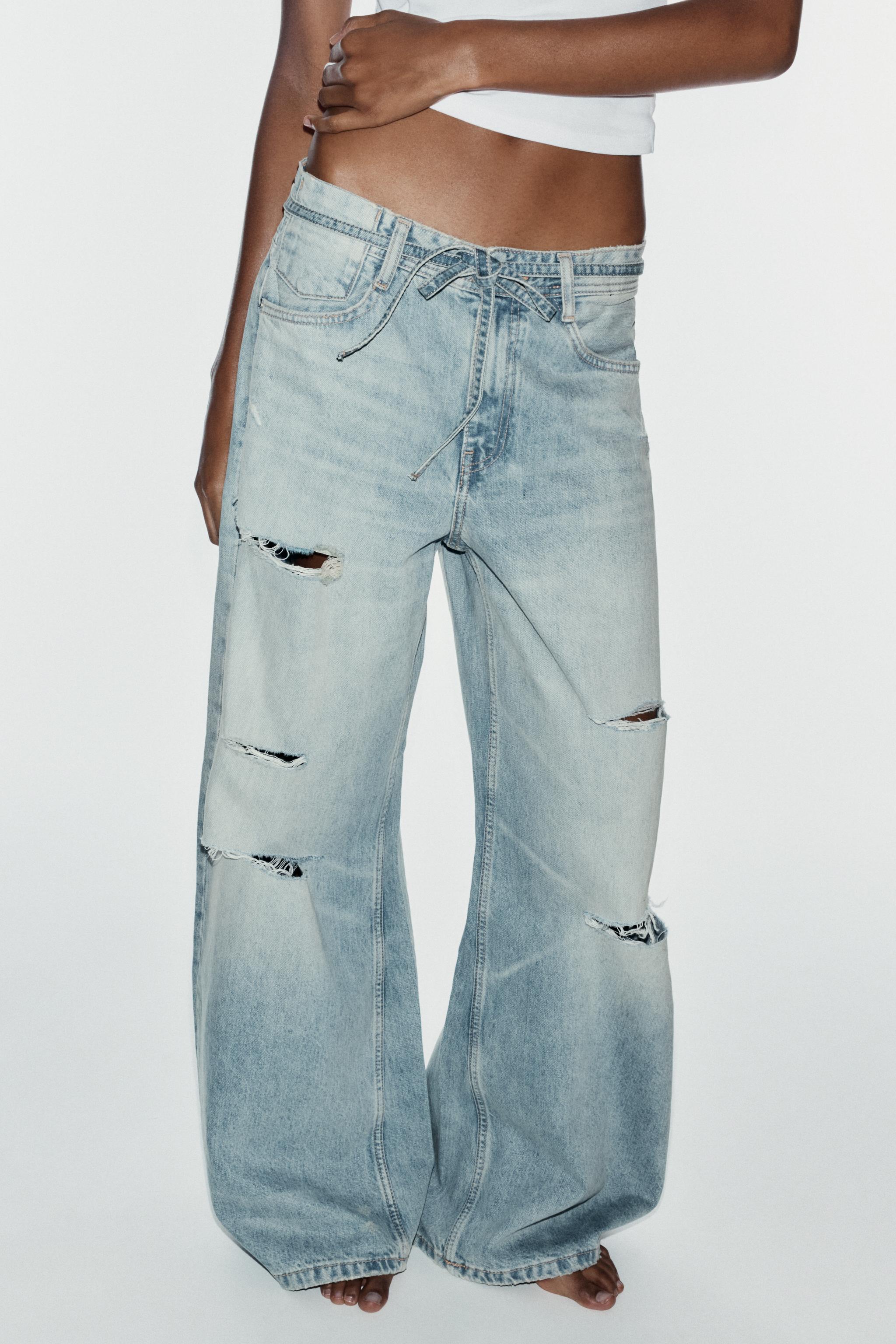 TRF MID-RISE BAGGY DISTRESSED BELTED JEANS — Light blue