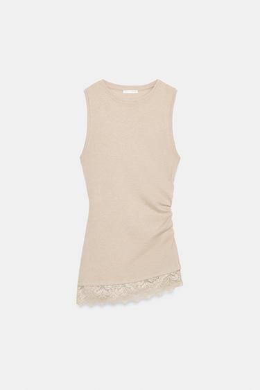 Zara SLEEVELESS LACE TOP - Dark straw