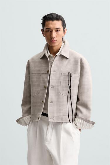 Zara CROPPED FIT CHECKERED JACKET - Beige