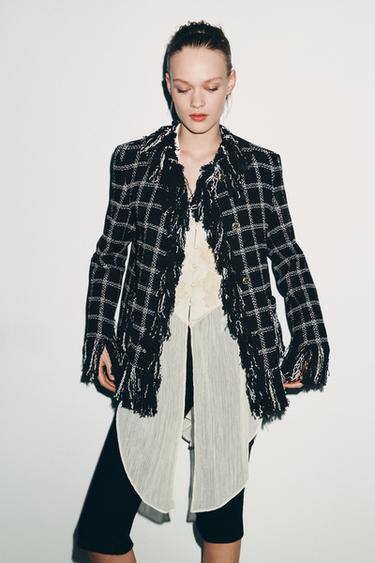 Zara FRINGED PLAID JACKET ZW COLLECTION - Black / White