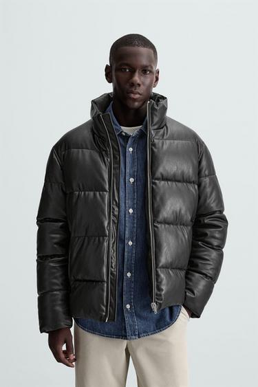 Zara FAUX LEATHER PUFFER JACKET - Black