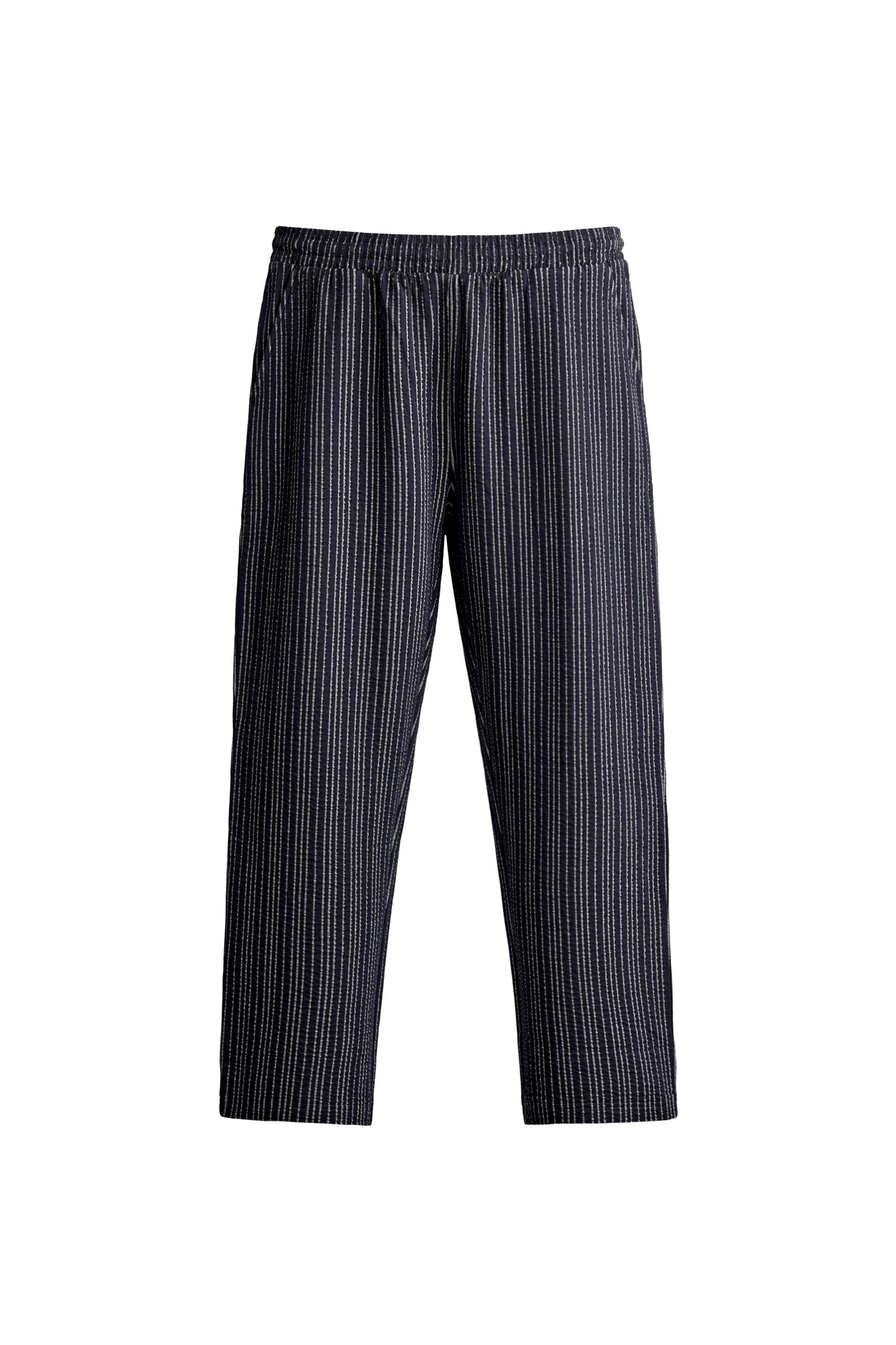 CONTRAST SEERSUCKER RELAXED FIT PANTS - Navy / White | ZARA Canada