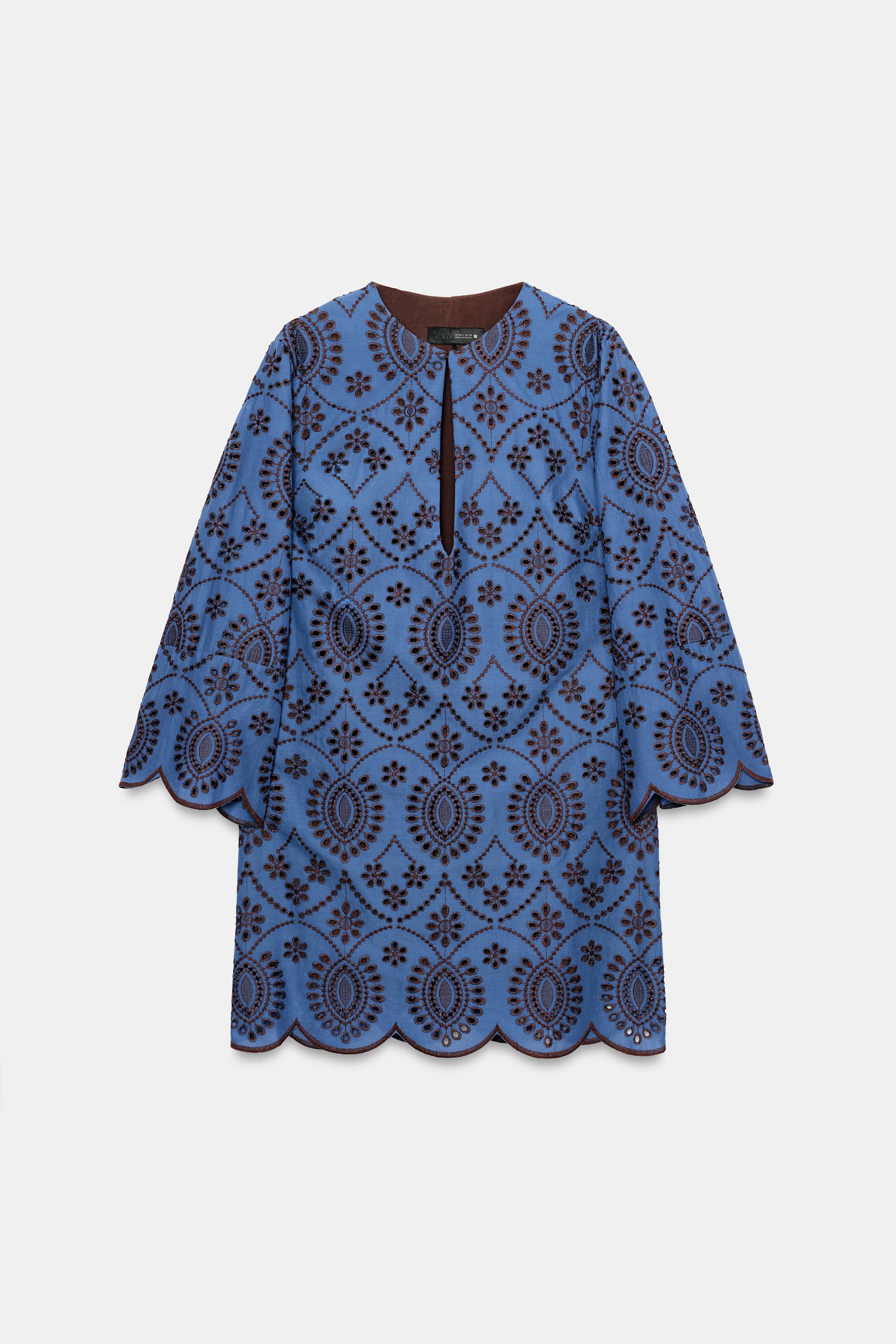 SHORT EMBROIDERED EYELET DRESS - Brown-Blue | ZARA United States SHORT EMBROIDERED EYELET DRESS - Brown-Blue | ZARA United States