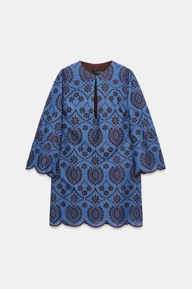 SHORT DRESS WITH CUTWORK EMBROIDERY - Brown-Blue by Zara