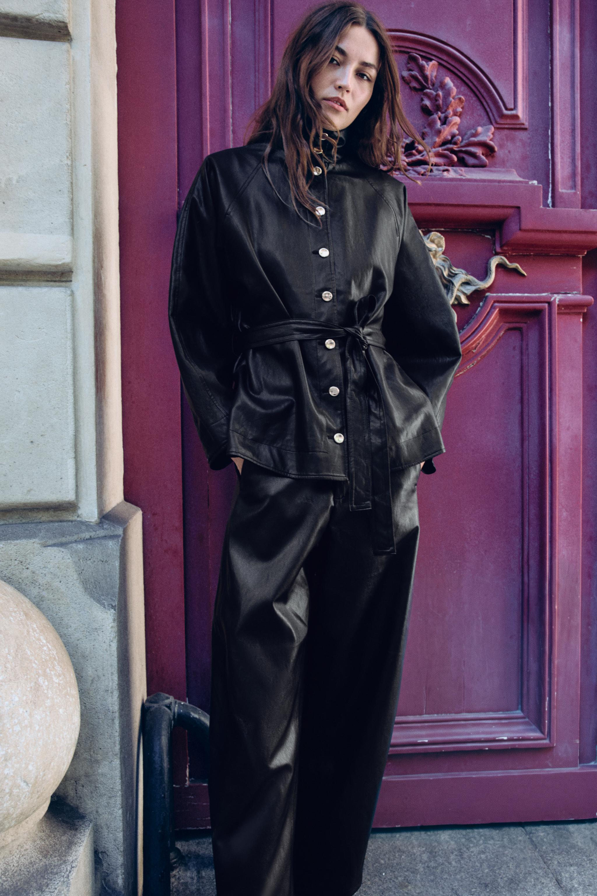 FAUX LEATHER BELTED JACKET
