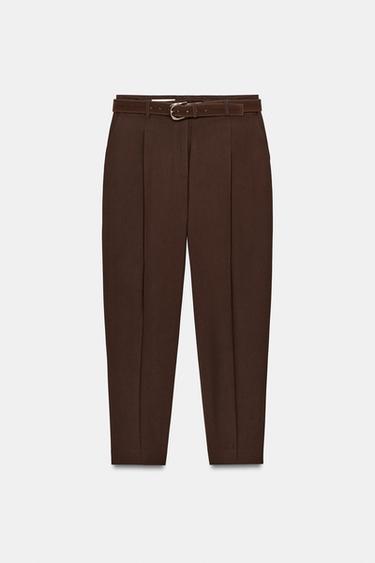 PANTALÓN PINZAS CINTURÓN - Chocolate de Zara - Imagen 0