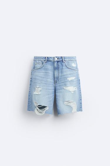 Zara RIPPED DENIM SHORTS - Light blue
