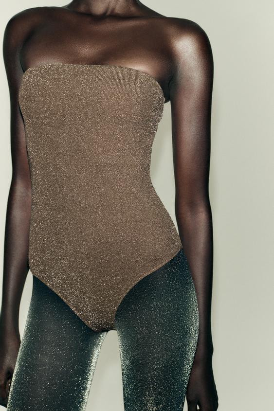 METALLIC THREAD BANDEAU BODYSUIT