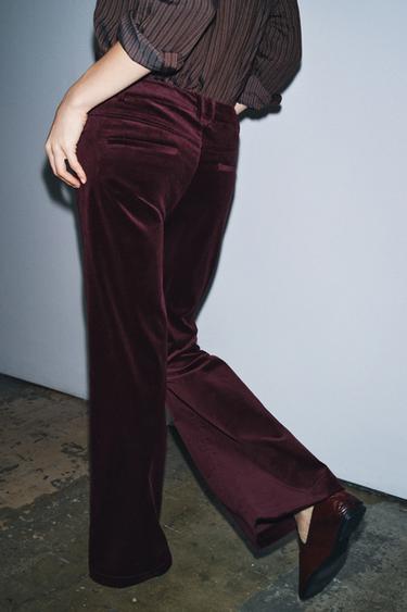 Zara VELVET FLARE PANTS ZW COLLECTION - Burgundy