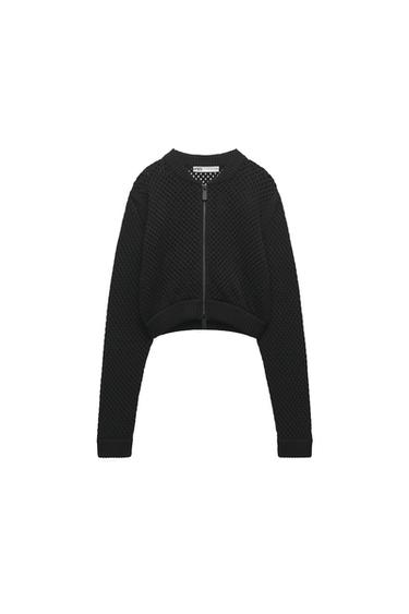 CROPPED KNIT CUTWORK BOMBER JACKET