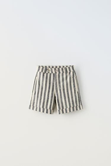 LINEN BLEND STRIPE BERMUDA SHORTS WITH BUTTONS - Black / White by Zara