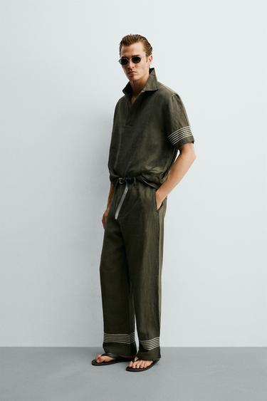 Zara 100% LINEN RELAXED FIT PANTS - Dark khaki