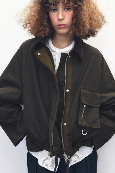 Zara CORDUROY COLLAR WAXED JACKET ZW COLLECTION - Khaki